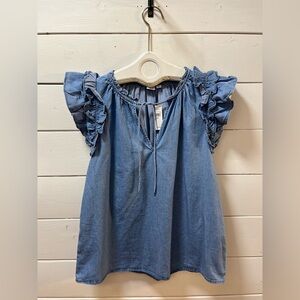 GAP Blue Ruffled Denim Blouse Size S. NWT